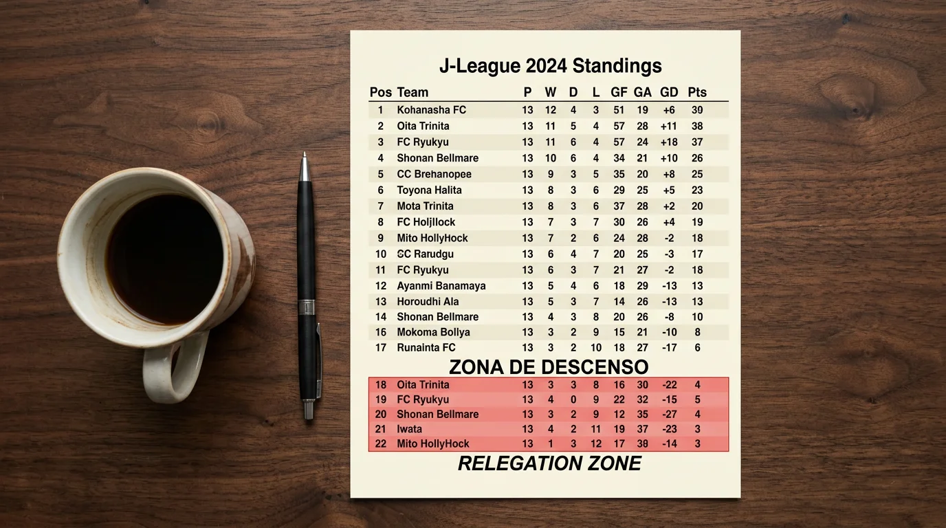 Tabla clasificatoria de la J1 League mostrando la zona de descenso