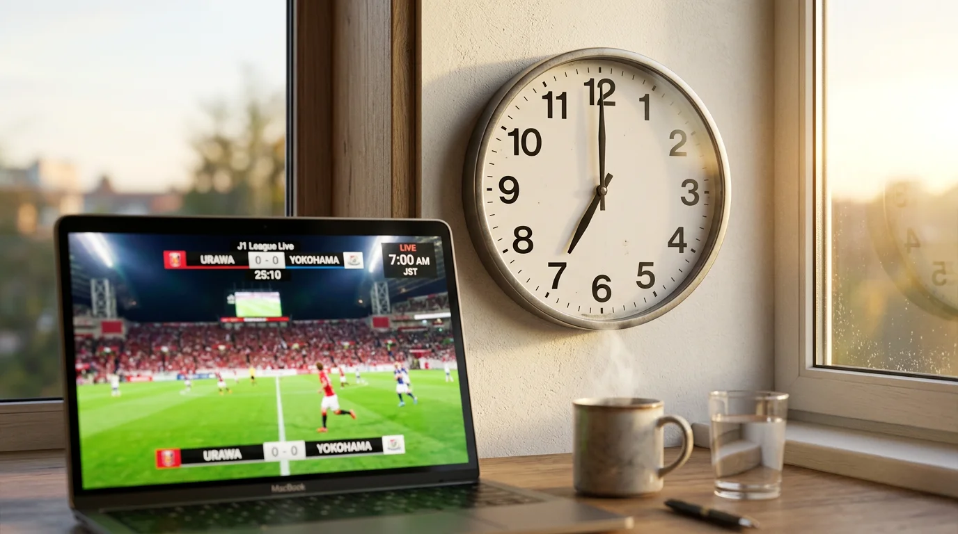 Reloj mostrando la diferencia horaria entre España y Japón durante un partido de la J League en directo