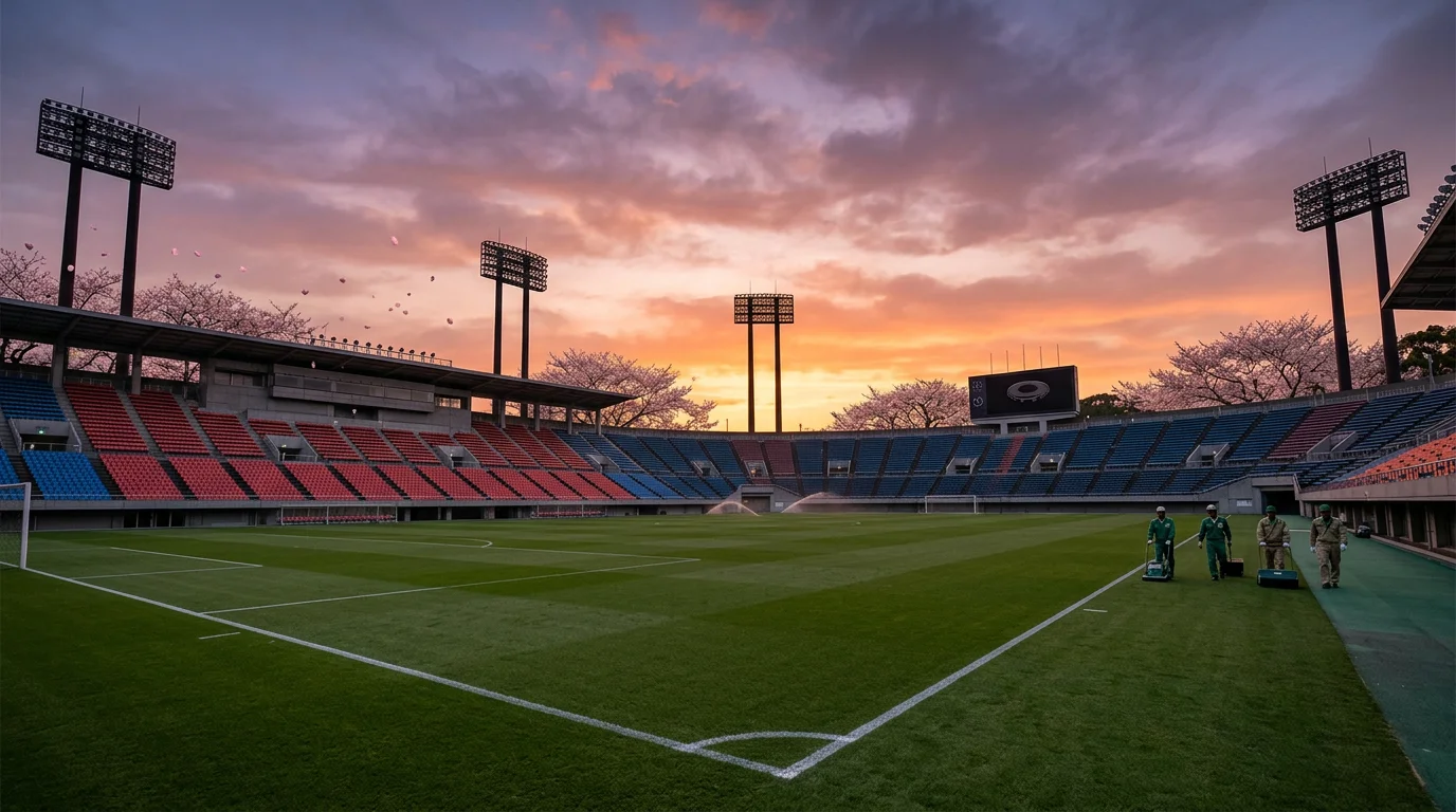 Campo de fútbol japonés al atardecer con cielo anaranjado y gradas vacías preparadas para la nueva temporada