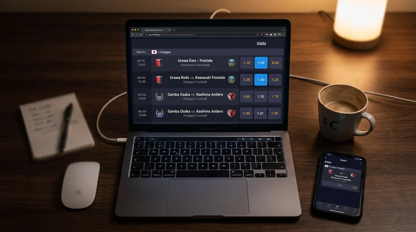 Pantalla de operador de apuestas mostrando mercados de la J League japonesa disponibles en España