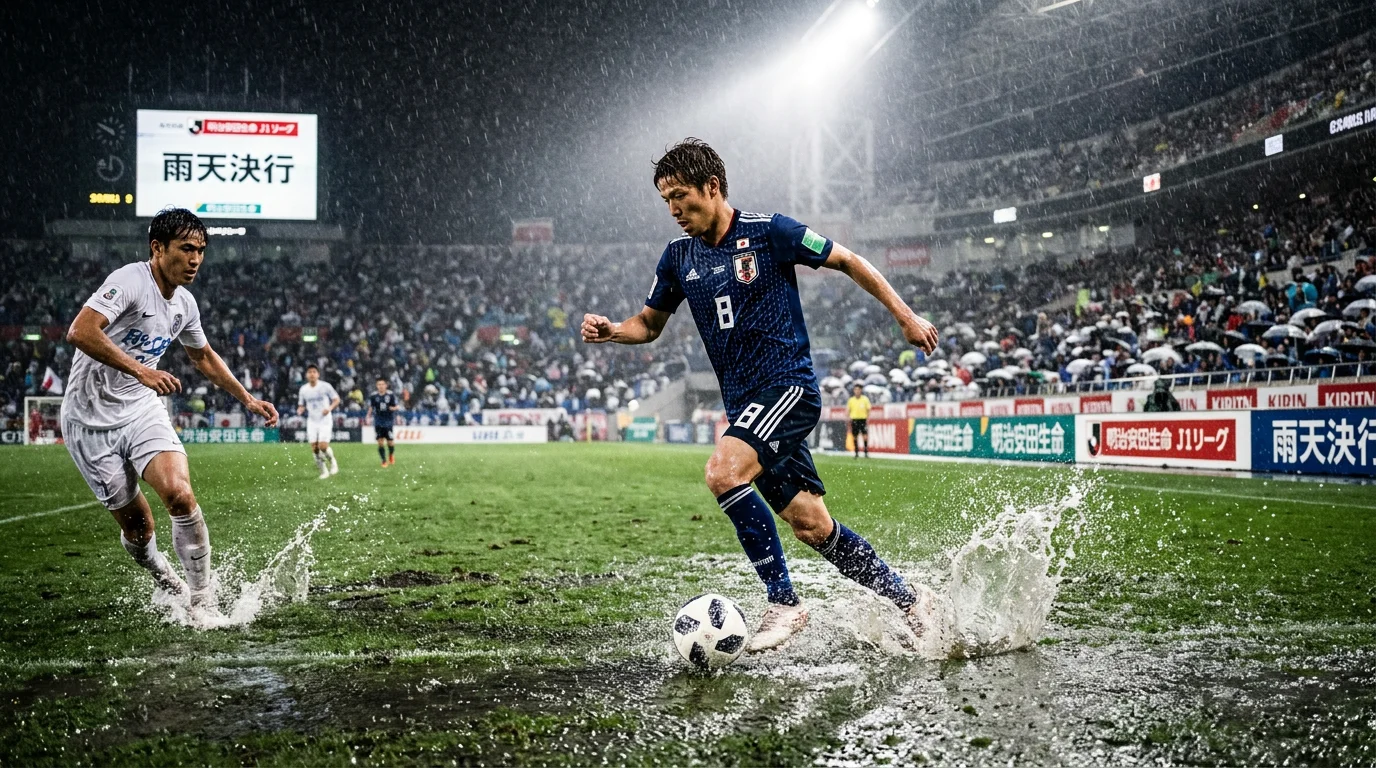 Partido de la J League jugándose bajo lluvia intensa en un estadio japonés