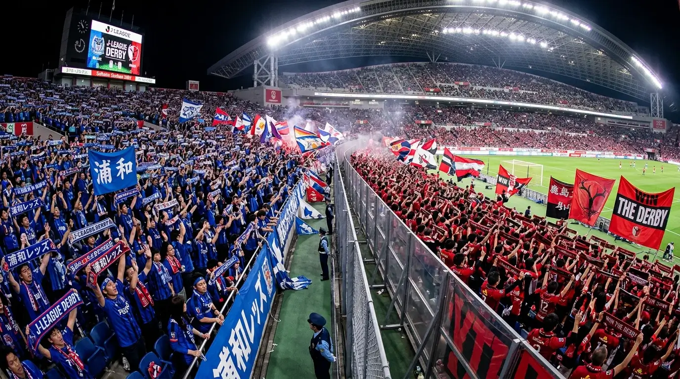 Aficiones rivales de la J League enfrentadas en las gradas de un derbi japonés