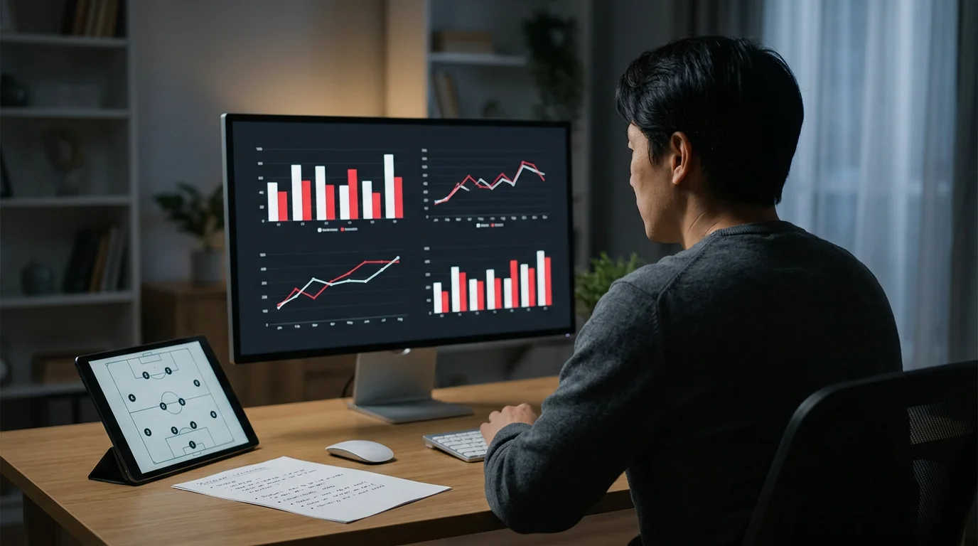 Persona analizando datos deportivos en una pantalla con gráficos de rendimiento de equipos de fútbol