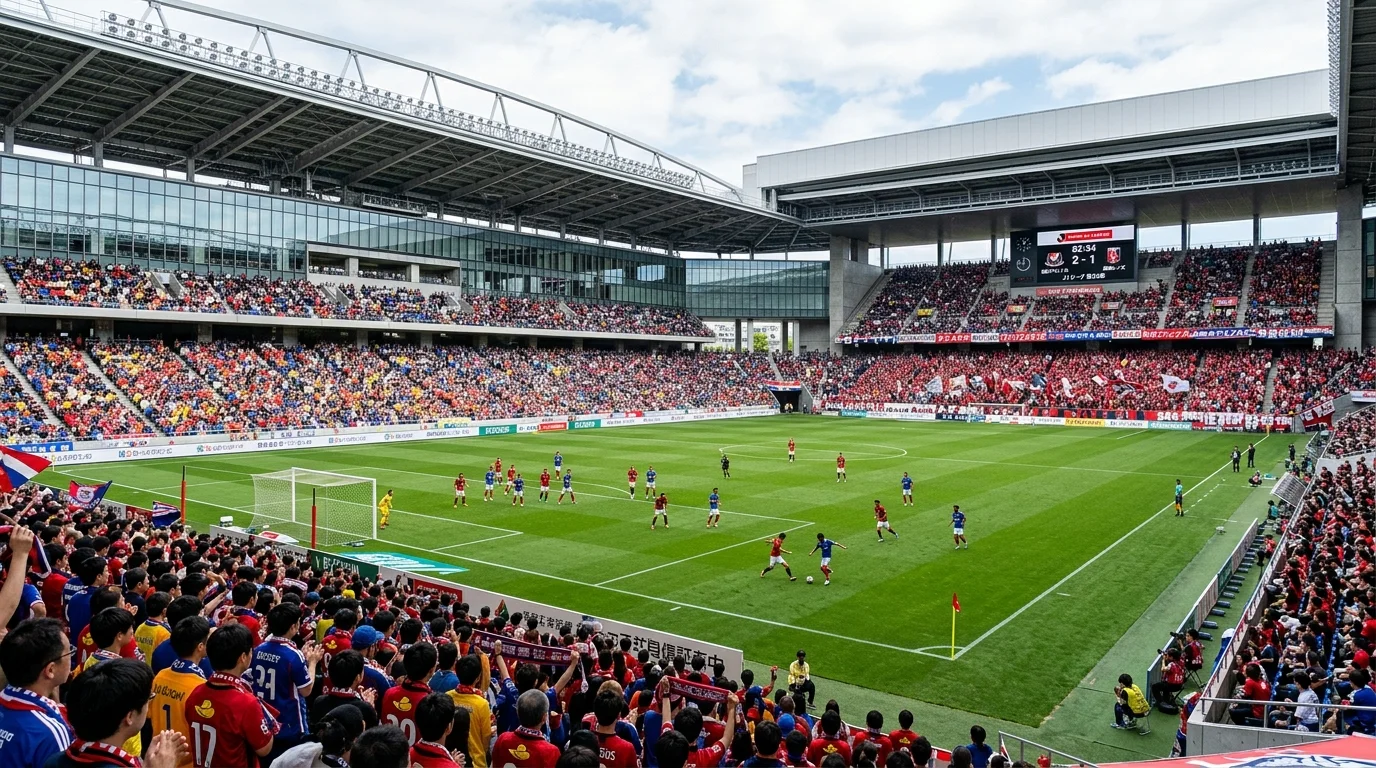 Panorámica de un estadio de la J1 League con las gradas llenas durante un partido de fútbol
