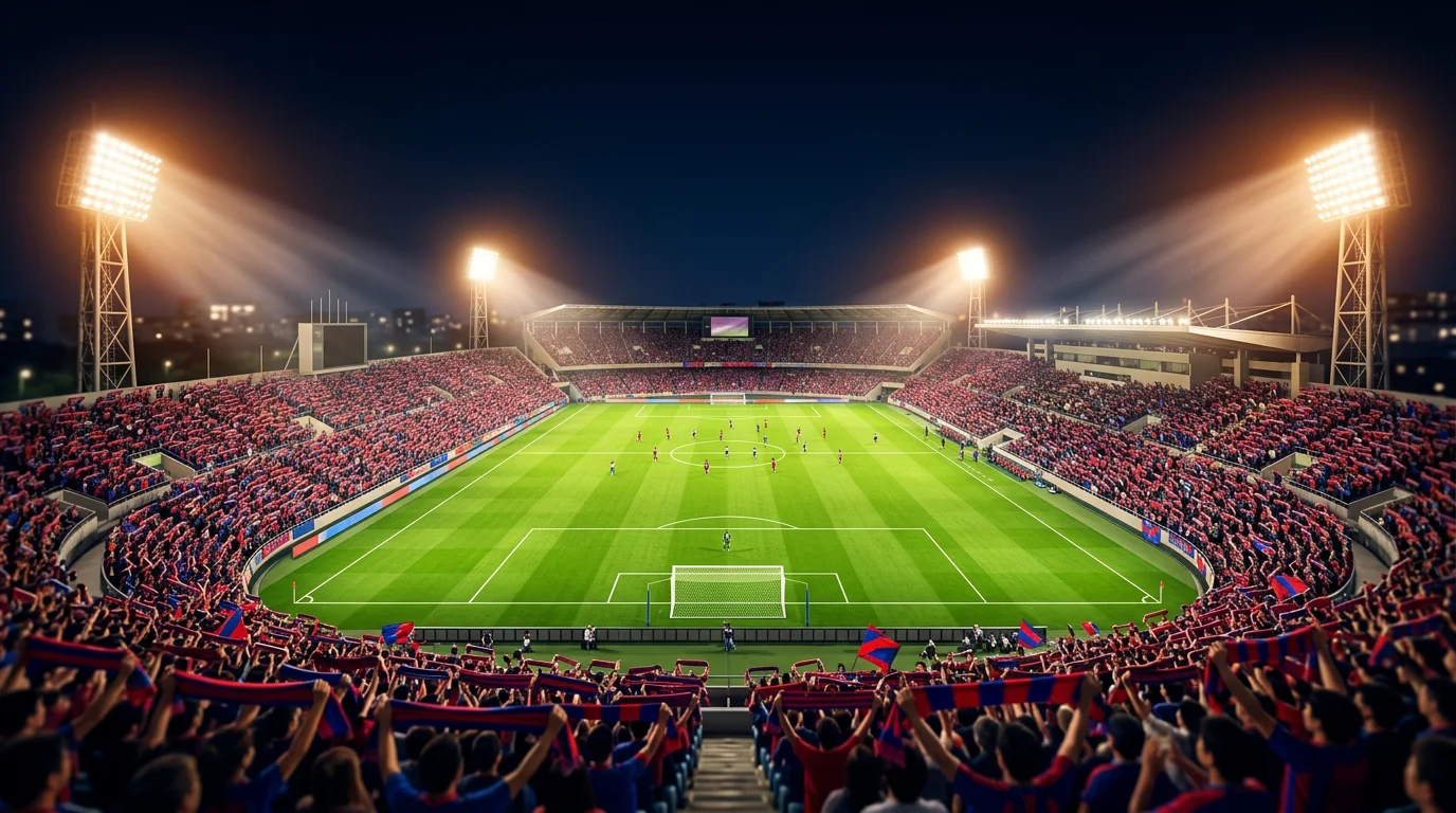 Estadio de fútbol japonés durante un partido nocturno de la J League