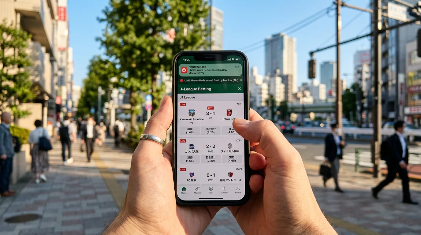 Smartphone mostrando cuotas de un partido de la J League con notificaciones activas