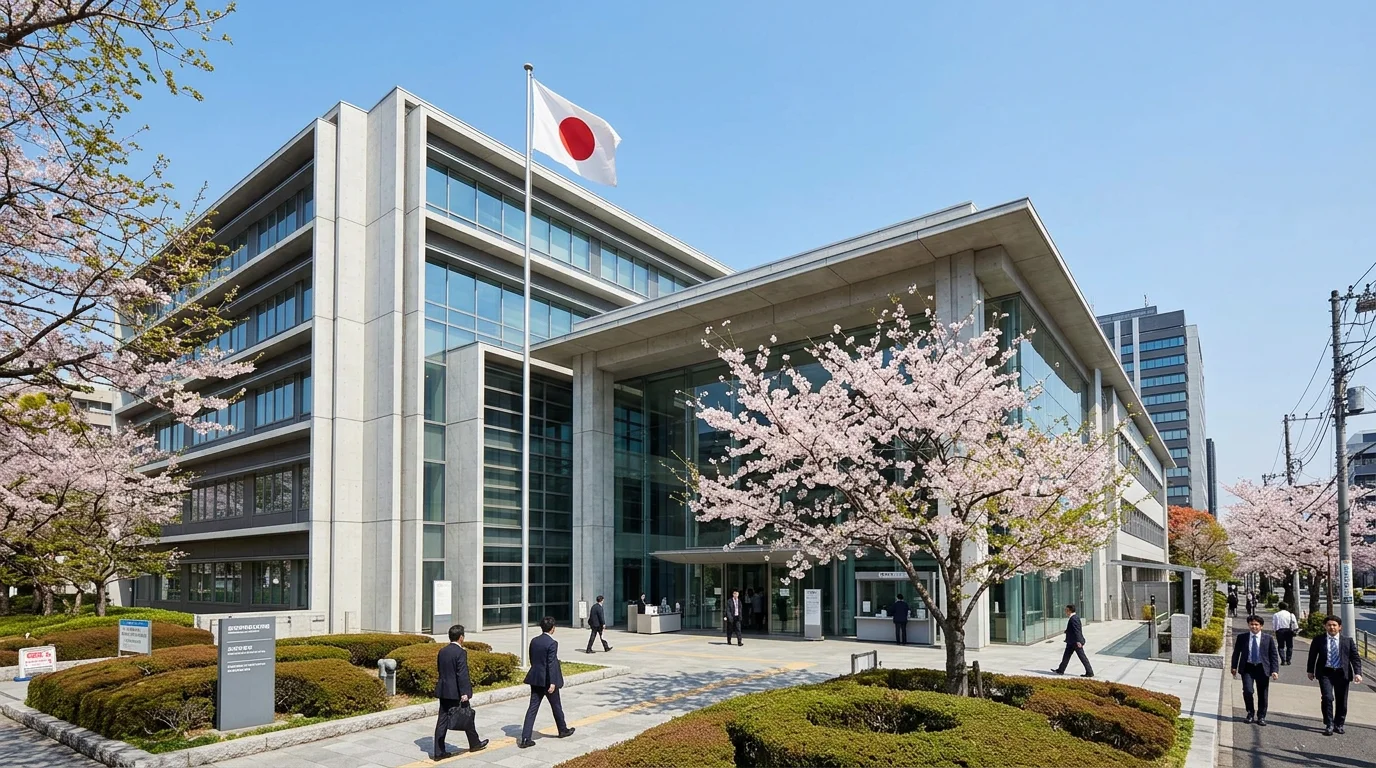 Edificio gubernamental japonés con símbolos de regulación del juego
